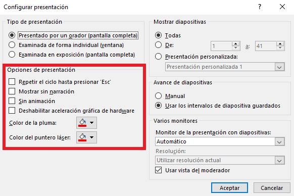 Opciones del apartado Opciones de presentación