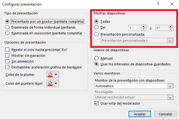 Opciones del apartado Mostrar diapositivas