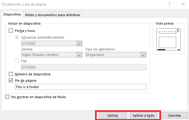 Botones para aplicar los cambios