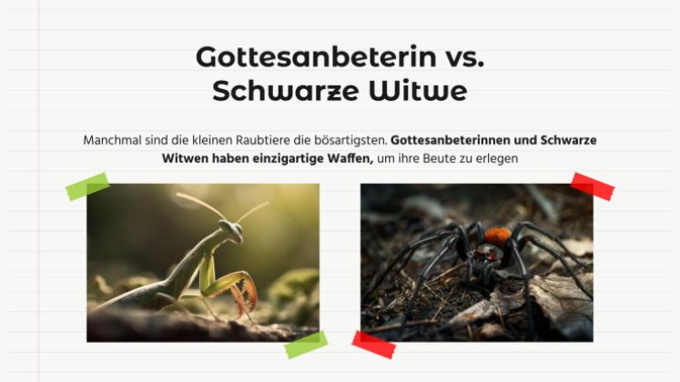 Tiervergleiche: Gottesanbeterin vs. Schwarze Witwe Präsentationsvorlage