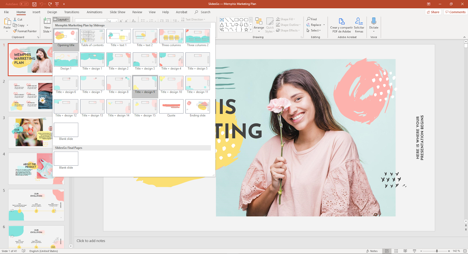 Layout drop-down menu in PowerPoint