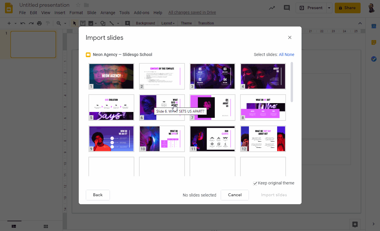 Selecting the slides to import