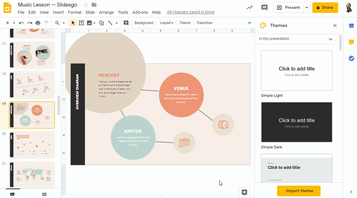 Với tính năng thay đổi chủ đề của Google Slides, bạn có thể thỏa sức sáng tạo và tạo ra những bản trình bày tuyệt vời hơn bao giờ hết. Hãy khám phá tính năng này và trải nghiệm những chủ đề mới lạ để làm cho bài thuyết trình của bạn trở nên đặc sắc hơn.