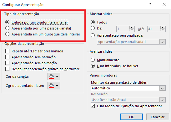 Opções em "Tipo de apresentação"