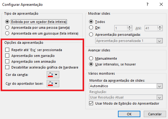 Opções em “Opções da apresentação”