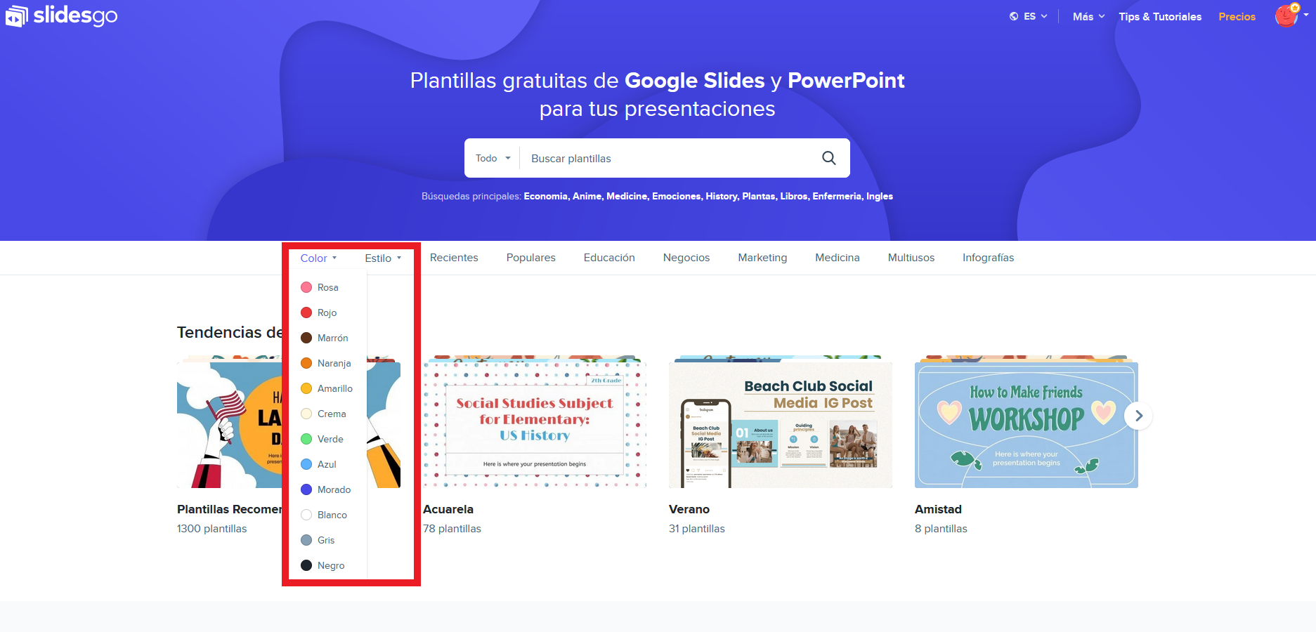 Filtros para los resultados