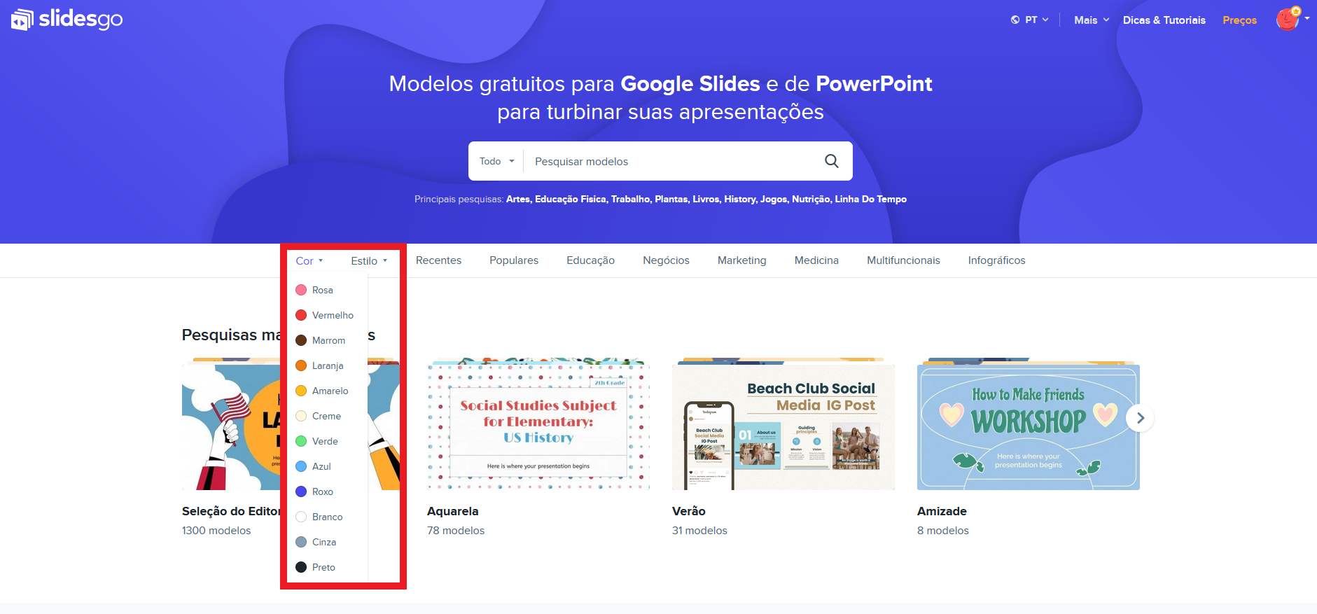 Filtrar por cores ou estilo no Slidesgo