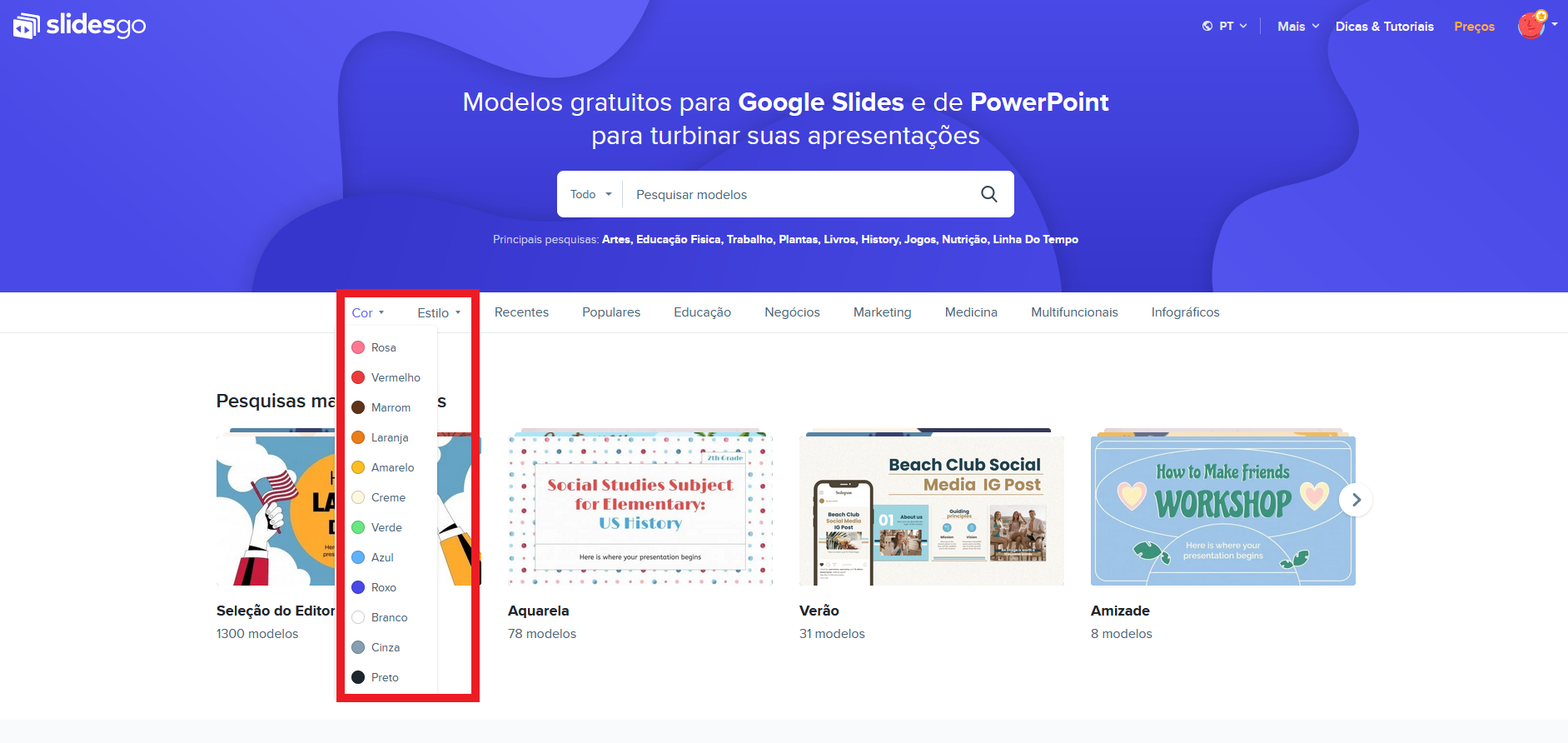 Filtrar por cores ou estilos no Slidesgo