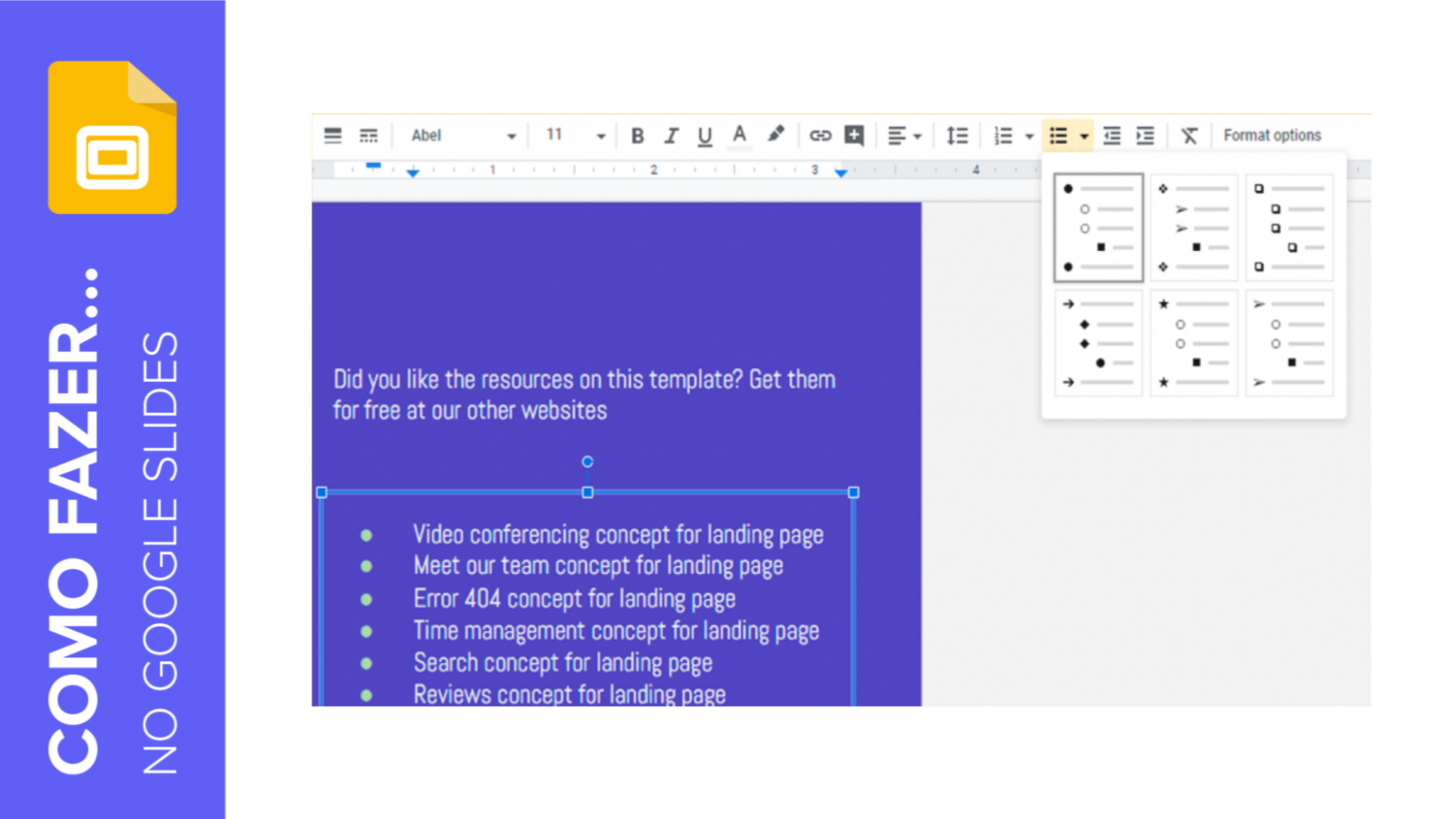 Como fazer uma lista com marcadores ou numerada em Google Slides | Tutoriais e Dicas de apresentação